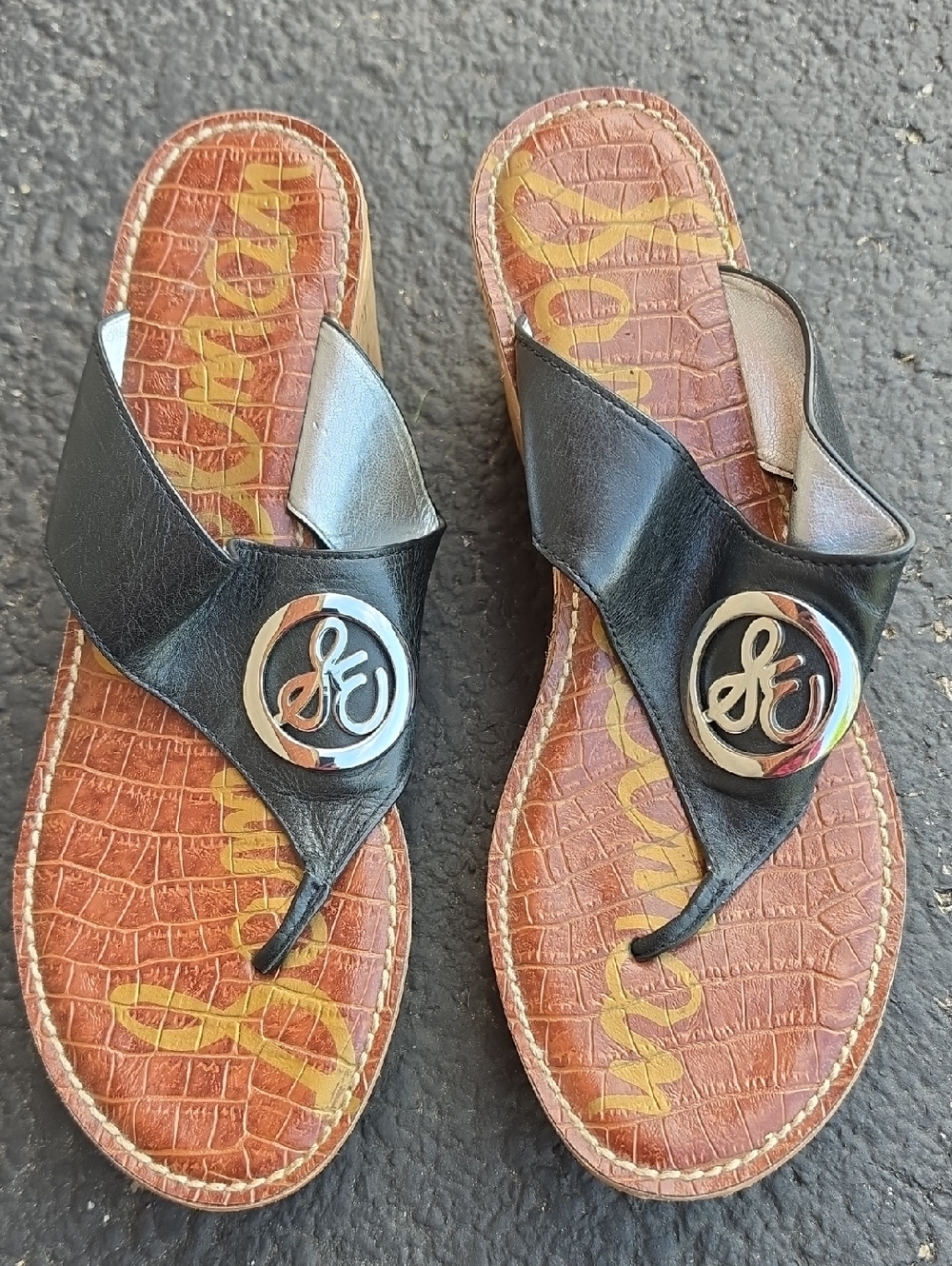 Sam Edelman Black Leather Logo Thong Sandals with Cork Wedge Heels Size 10